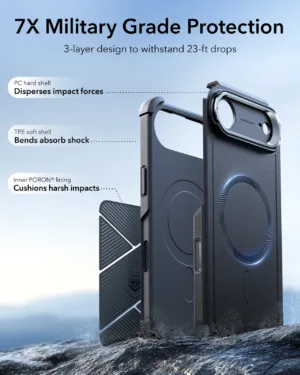 ESR รุ่น Cyber Tough Case with Stash Stand (Camera Control Button) - เคส iPhone 17 Air - สี Black