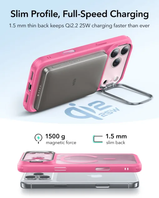 ESR รุ่น Classic Hybrid Case with Stash Stand (Camera Control Button) - เคส iPhone 17 Pro Max - สี Frosted Pink - Image 6