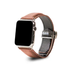 MINTAPPLE. รุ่น Signature Top Grain Leather - สายนาฬิกา Apple Watch 42(3)/44/45/46/49mm - สี PEACHY/Stainless steel Silver