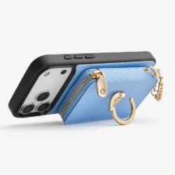 Custype รุ่น Lychee Pattern Leather with Pouch & Silk Scarf Wrist Strap - เคส iPhone 17 Pro Max - สี Blue