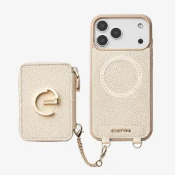 Custype รุ่น Lychee Pattern Leather with Pouch & Silk Scarf Wrist Strap - เคส iPhone 17 Pro Max - สี Beige