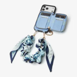 Custype รุ่น Lychee Pattern Leather with Pouch & Silk Scarf Wrist Strap - เคส iPhone 17 Pro Max - สี Blue