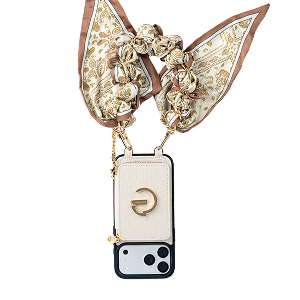 Custype รุ่น Crocodile Pattern Leather with Pouch & Silk Scarf Wrist Strap - เคส iPhone 17 Pro Max - สี Beige 2 Custype รุ่น Crocodile Pattern Leather with Pouch & Silk Scarf Wrist Strap - เคส iPhone 17 Pro Max - สี Beige - Image 2