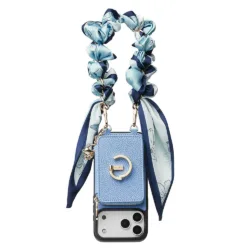 Custype รุ่น Lychee Pattern Leather with Pouch & Silk Scarf Wrist Strap - เคส iPhone 17 Pro Max - สี Blue