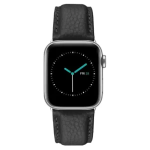 MINTAPPLE. รุ่น Signature Top Grain Leather - สายนาฬิกา Apple Watch 42/44/45/46/49mm  - สี Black/Stainless steel Silver
