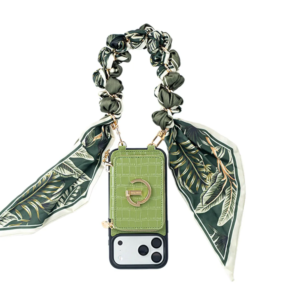 Custype รุ่น Crocodile Pattern Leather with Pouch & Silk Scarf Wrist Strap - เคส iPhone 17 Pro Max - สี Green 2 Custype รุ่น Crocodile Pattern Leather with Pouch & Silk Scarf Wrist Strap - เคส iPhone 17 Pro Max - สี Green - Image 2