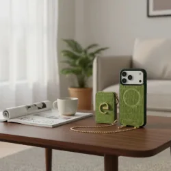 Custype รุ่น Crocodile Pattern Leather with Pouch & Silk Scarf Wrist Strap - เคส iPhone 17 Pro Max - สี Green