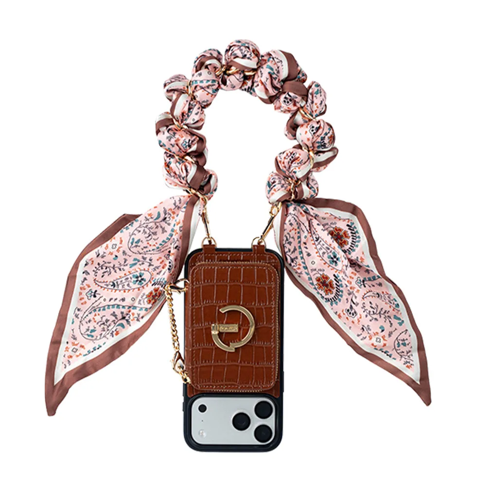 Custype รุ่น Crocodile Pattern Leather with Pouch & Silk Scarf Wrist Strap - เคส iPhone 17 Pro Max - สี Brown 2 Custype รุ่น Crocodile Pattern Leather with Pouch & Silk Scarf Wrist Strap - เคส iPhone 17 Pro Max - สี Brown - Image 2