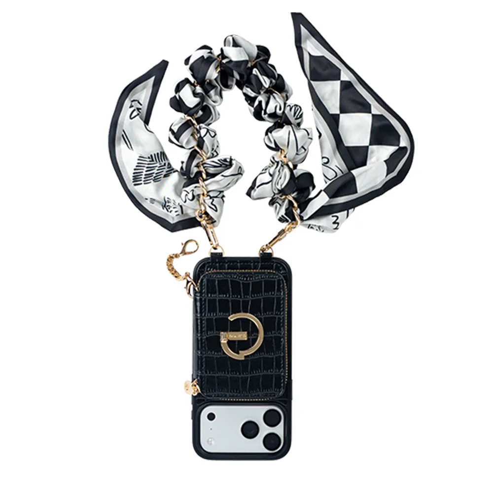 Custype รุ่น Crocodile Pattern Leather with Pouch & Silk Scarf Wrist Strap - เคส iPhone 17 Pro Max - สี Black 2 Custype รุ่น Crocodile Pattern Leather with Pouch & Silk Scarf Wrist Strap - เคส iPhone 17 Pro Max - สี Black - Image 2