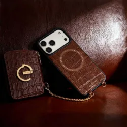 Custype รุ่น Crocodile Pattern Leather with Pouch & Silk Scarf Wrist Strap - เคส iPhone 17 Pro Max - สี Brown