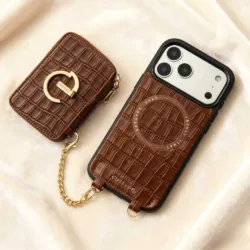 Custype รุ่น Crocodile Pattern Leather with Pouch & Silk Scarf Wrist Strap - เคส iPhone 17 Pro Max - สี Brown