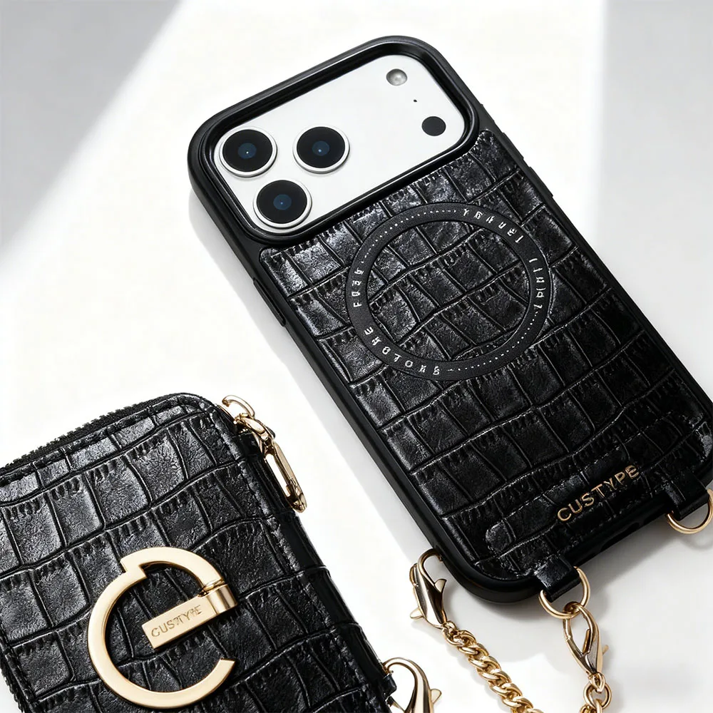 Custype รุ่น Crocodile Pattern Leather with Pouch & Silk Scarf Wrist Strap - เคส iPhone 17 Pro Max - สี Black 6 Custype รุ่น Crocodile Pattern Leather with Pouch & Silk Scarf Wrist Strap - เคส iPhone 17 Pro Max - สี Black - Image 6
