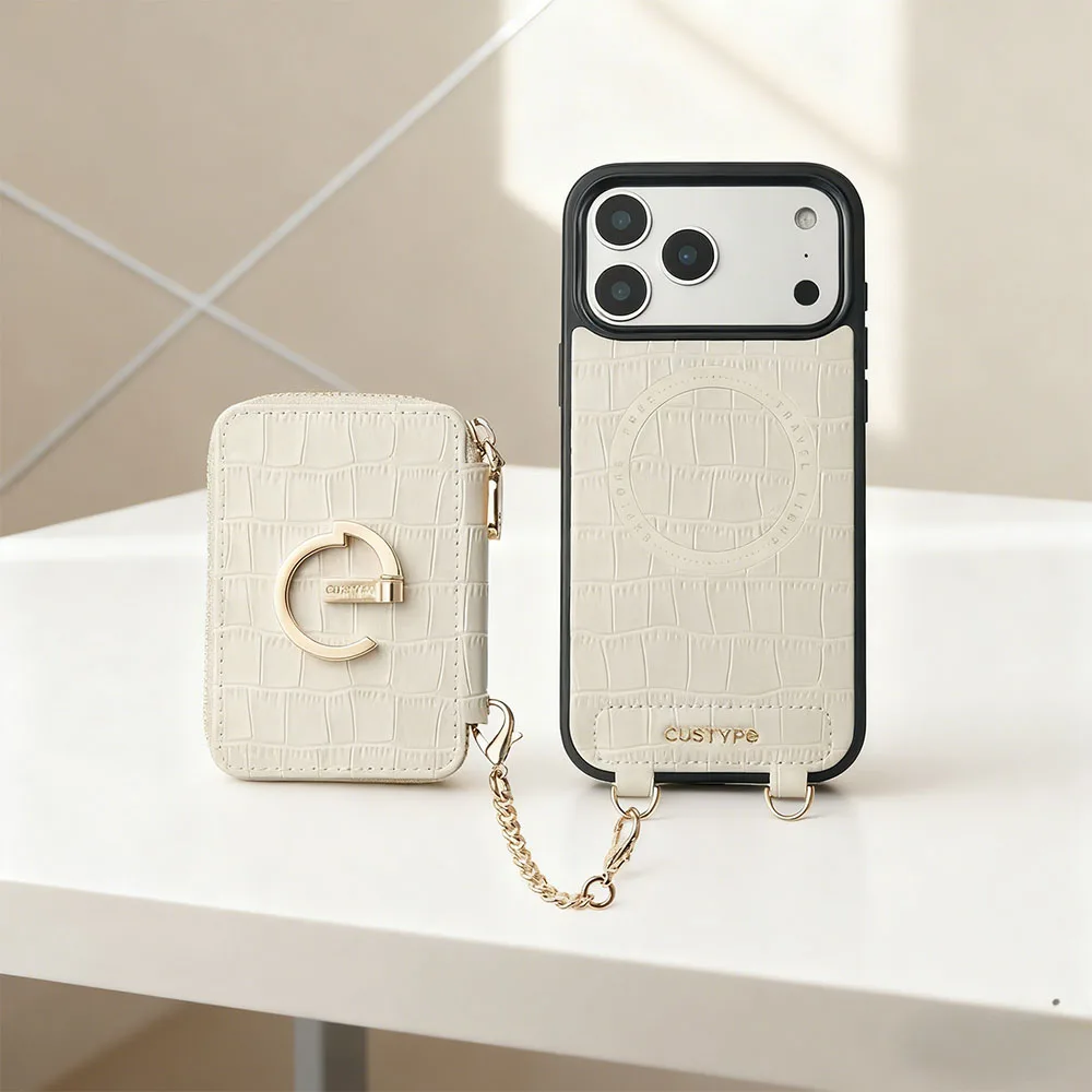 Custype รุ่น Crocodile Pattern Leather with Pouch & Silk Scarf Wrist Strap - เคส iPhone 17 Pro Max - สี Beige 6 Custype รุ่น Crocodile Pattern Leather with Pouch & Silk Scarf Wrist Strap - เคส iPhone 17 Pro Max - สี Beige - Image 6