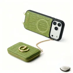 Custype รุ่น Crocodile Pattern Leather with Pouch & Silk Scarf Wrist Strap - เคส iPhone 17 Pro Max - สี Green