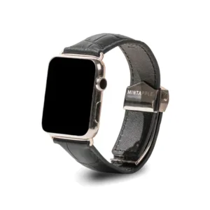 MINTAPPLE. รุ่น Signature Top Grain Leather - สายนาฬิกา Apple Watch 38/40/41/42(10)mm - สี Black/Stainless steel Silver