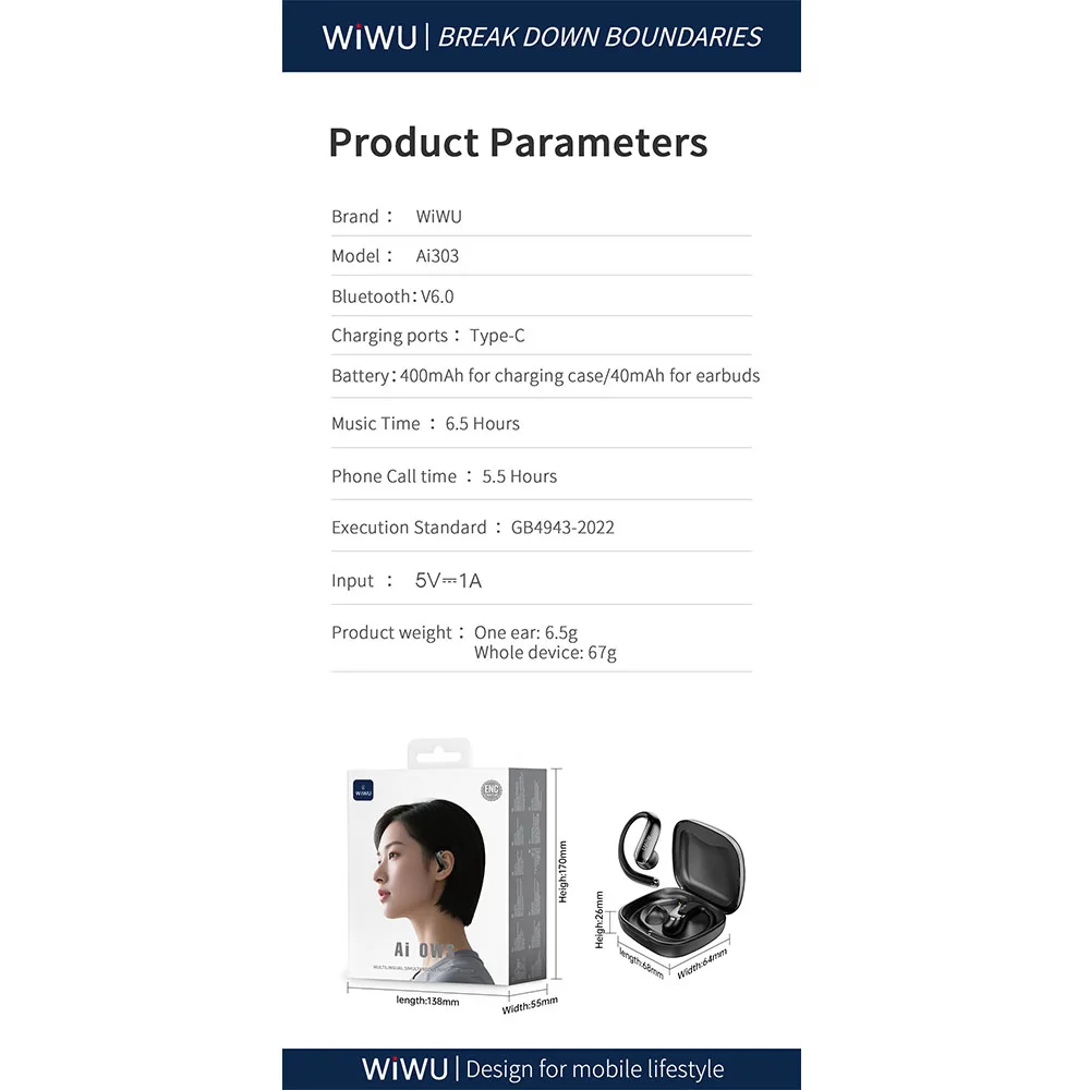 WiWU รุ่น Ai303 - หูฟังไร้สาย - สี Black 6 WiWU รุ่น Ai303 - หูฟังไร้สาย - สี Black - Image 6